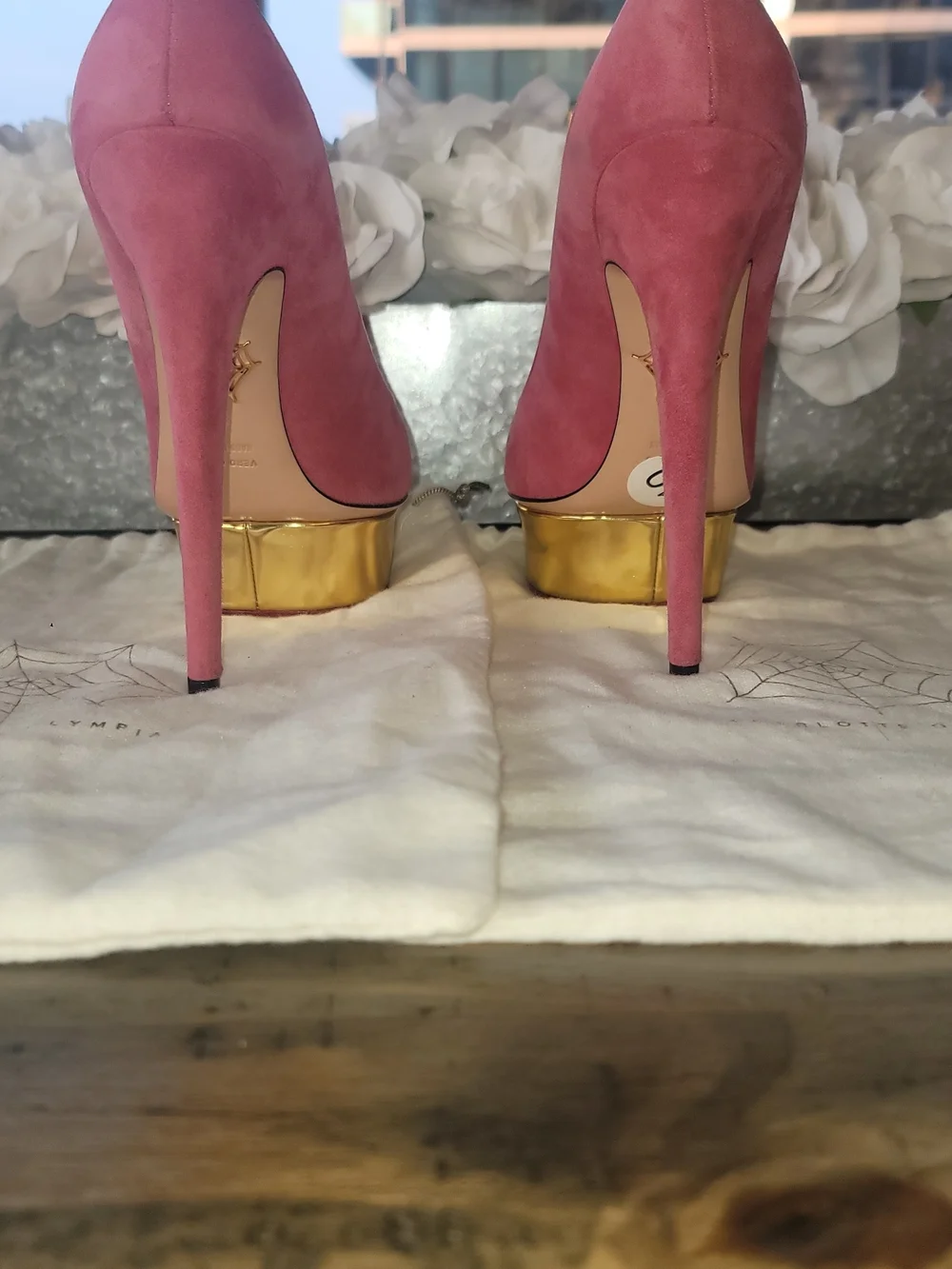 Charlotte Olympia Dolly Pink Suede Platform Pump w/ Gold Platform Wmns Sz 10/40